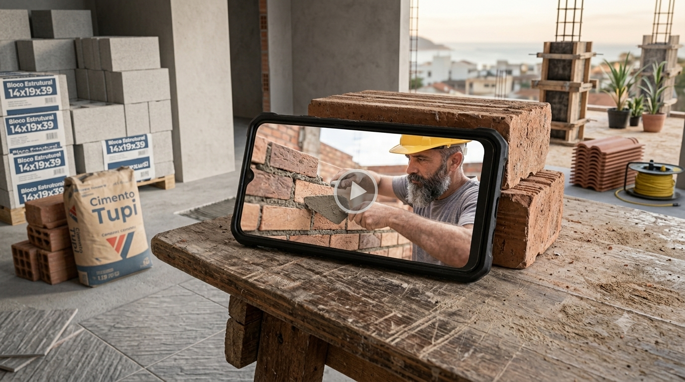 Aula em vídeo sendo assistida no celular na obra